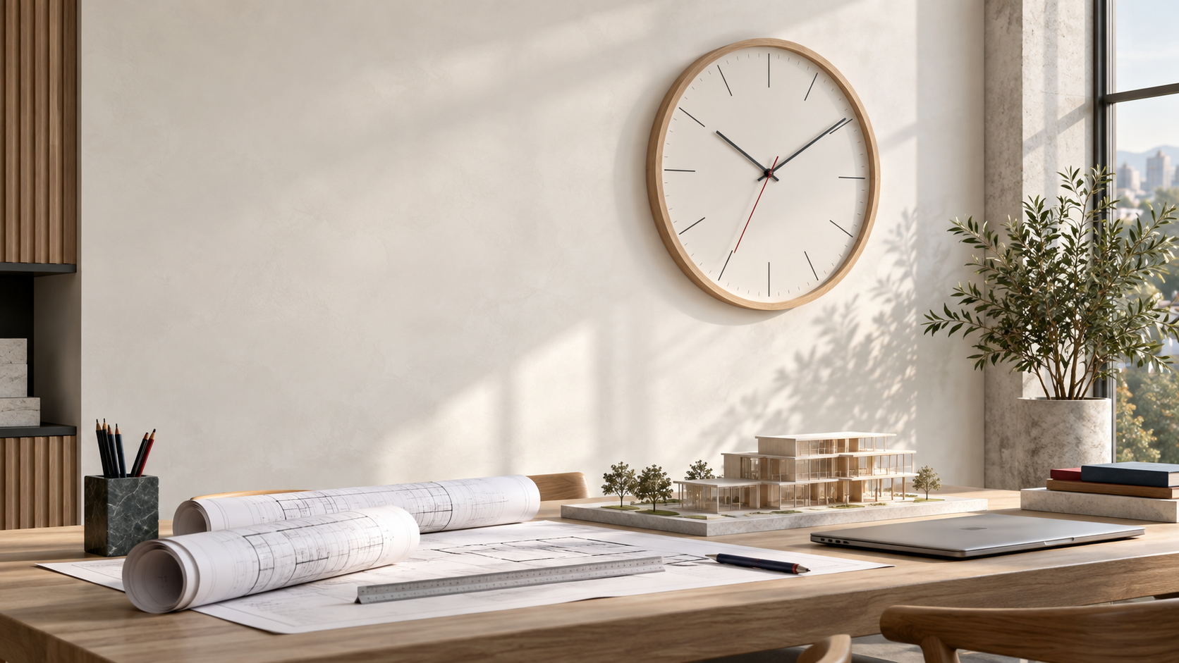 Bright architectural studio with plans, a building model, and a wall clock